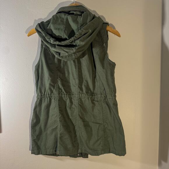Market & Spruce Olive Green Hooded Utility Vest | Drawstring Anorak Gilet (Sz M) - Picture 2 of 7